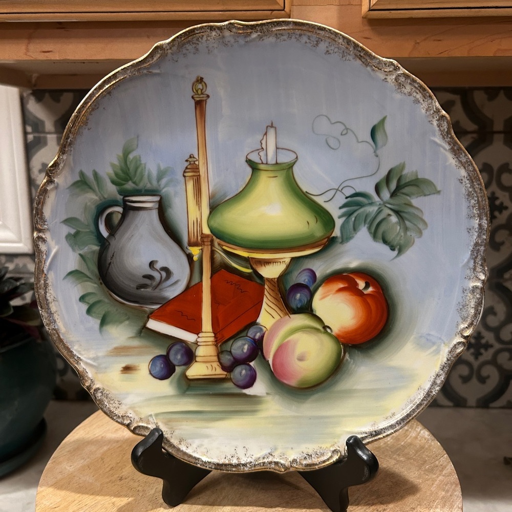 Norleans Vintage Plate, Handpainted Fruit & Candle Design and Gold Colored Edge